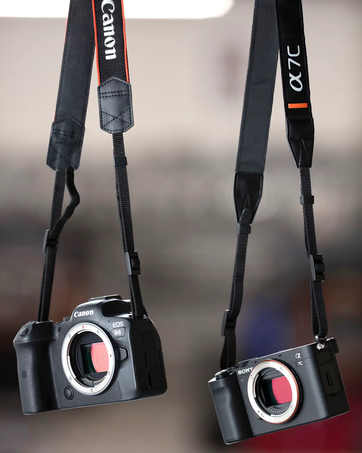 Canon R6 có thân máy lớn hơn nhưng chắc chắn, trong khi Sony A7C nhỏ gọn và nhẹ, lý tưởng cho người dùng thường xuyên di chuyển.