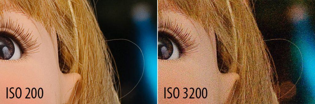 So sánh ảnh chụp ở ISO 100 và ISO 3200 – ISO cao khiến ảnh bị nhiễu hạt rõ rệt.