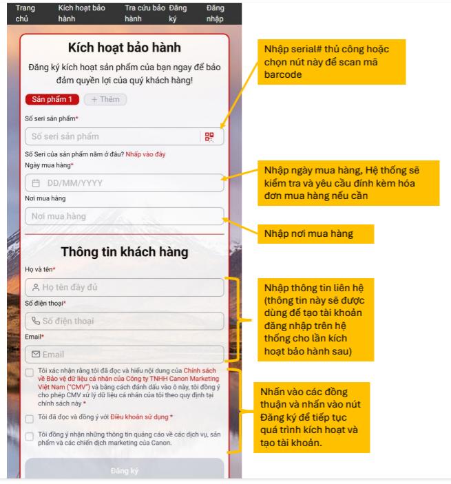 kích hoạt bảo hành canon